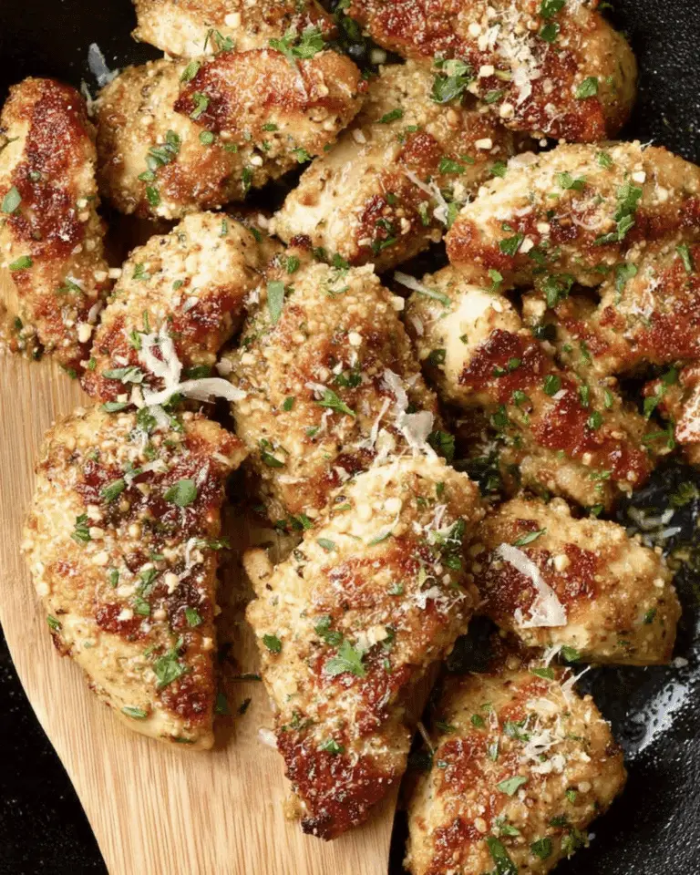 Crispy Blackstone garlic parmesan chicken pieces garnished with fresh parsley and grated parmesan cheese on a wooden spatula.