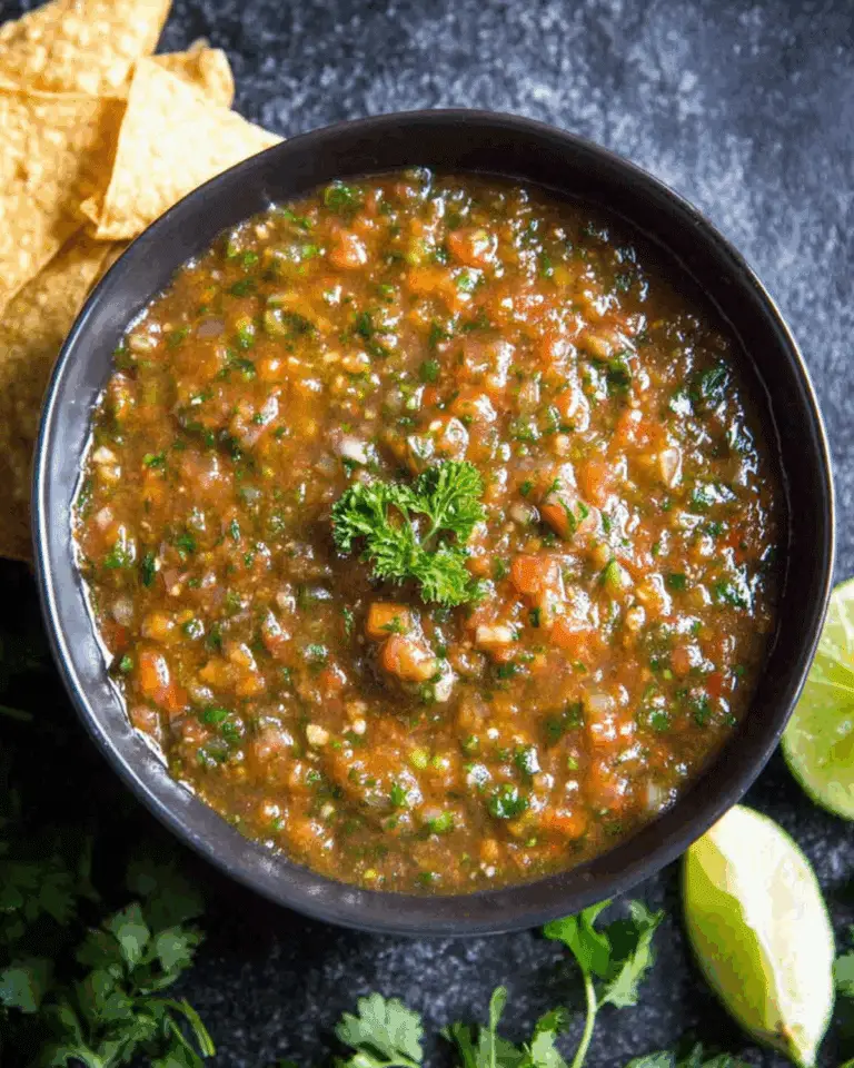 Bowl of fresh blender salsa garnished with parsley, surrounded by lime wedges, tortilla chips, and cilantro on a dark surface.