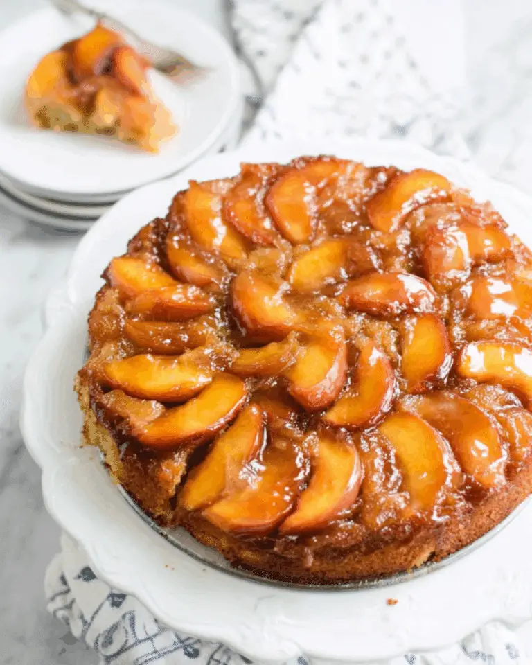 Bourbon peach upside down cake topped with caramelized peach slices, served on a white cake stand with a slice plated in the background.