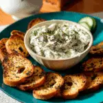 Cucumber Cream Cheese Spread served in a bowl, garnished with herbs and seeds, surrounded by toasted seasoned bread slices on a teal plate.