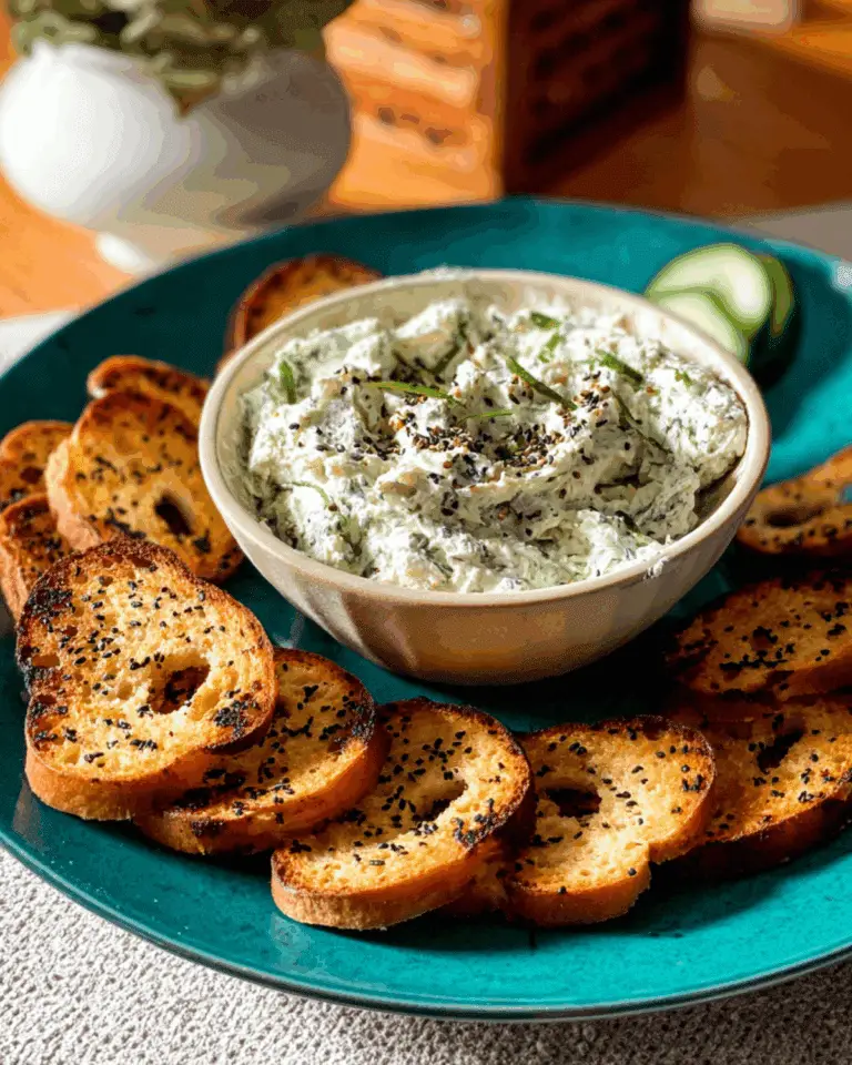 Cucumber Cream Cheese Spread served in a bowl, garnished with herbs and seeds, surrounded by toasted seasoned bread slices on a teal plate.