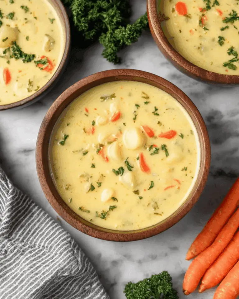 Bowls of creamy Carrot Potato Soup with chopped carrots, potatoes, herbs, and a rich broth.