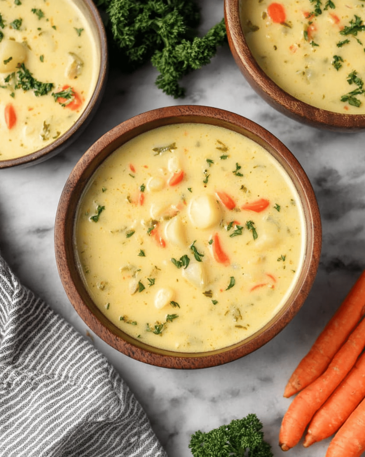 Bowls of creamy Carrot Potato Soup with chopped carrots, potatoes, herbs, and a rich broth.