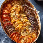 Cheesy root vegetable gratin with layers of sweet potatoes, Yukon gold potatoes, and beets in a golden baking dish.