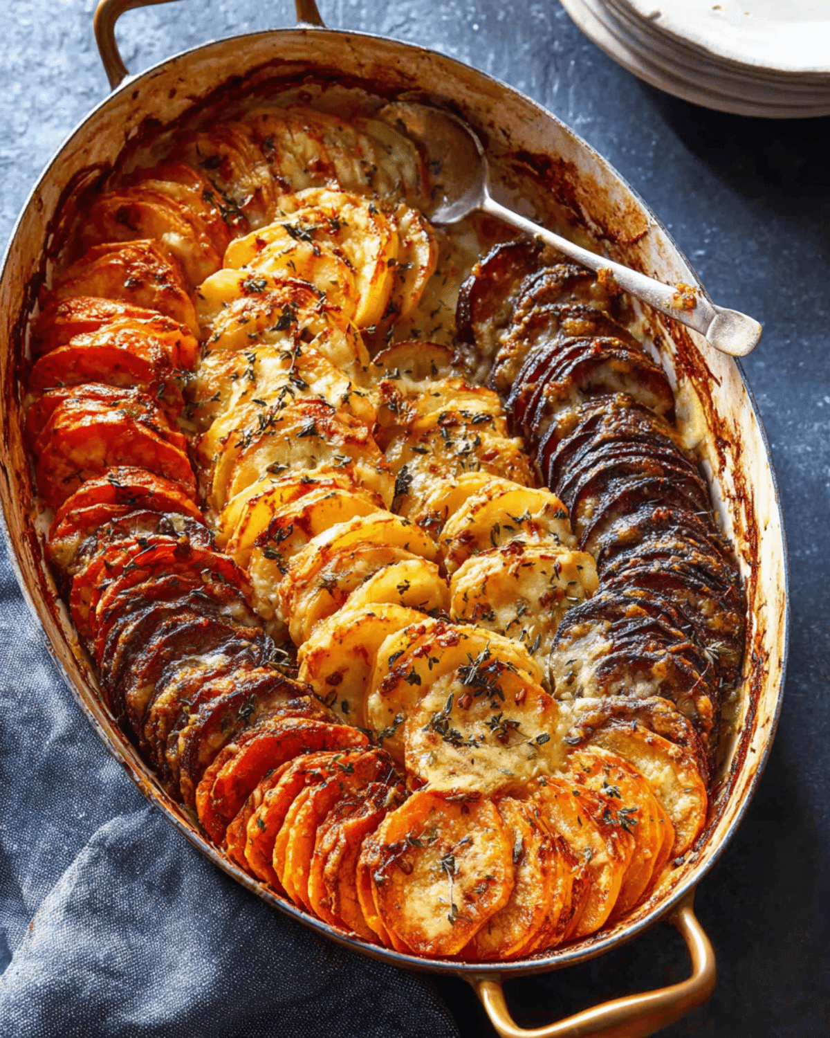 Cheesy root vegetable gratin with layers of sweet potatoes, Yukon gold potatoes, and beets in a golden baking dish.