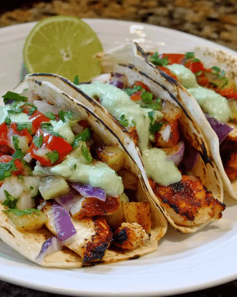 Three Chili Lime Chicken Tacos filled with grilled pineapple salsa, red onions, cilantro, and drizzled with creamy green sauce on a white plate with a lime wedge.
