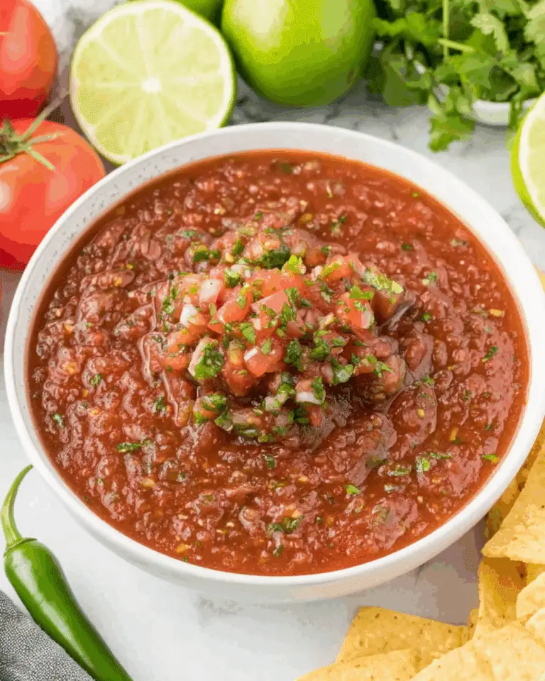 Bowl of Chili’s Copycat Salsa topped with diced tomatoes, onions, and cilantro, surrounded by fresh lime, tomatoes, and tortilla chips.