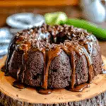 Chocolate Zucchini Cake topped with melted chocolate glaze and chocolate chunks, displayed on a rustic wooden board.