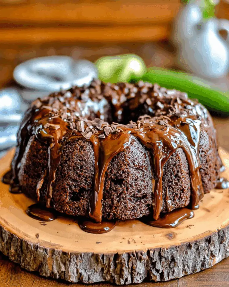 Chocolate Zucchini Cake topped with melted chocolate glaze and chocolate chunks, displayed on a rustic wooden board.