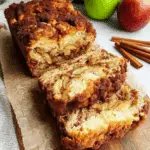 Sliced cinnamon apple bread with a golden-brown crust and visible apple chunks and cinnamon swirls.