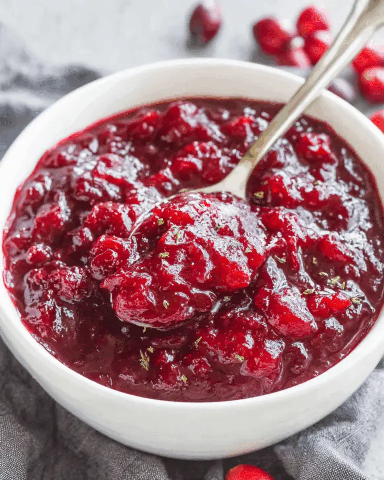 Classic homemade cranberry sauce in a white bowl with a spoon, showing a thick and chunky texture.