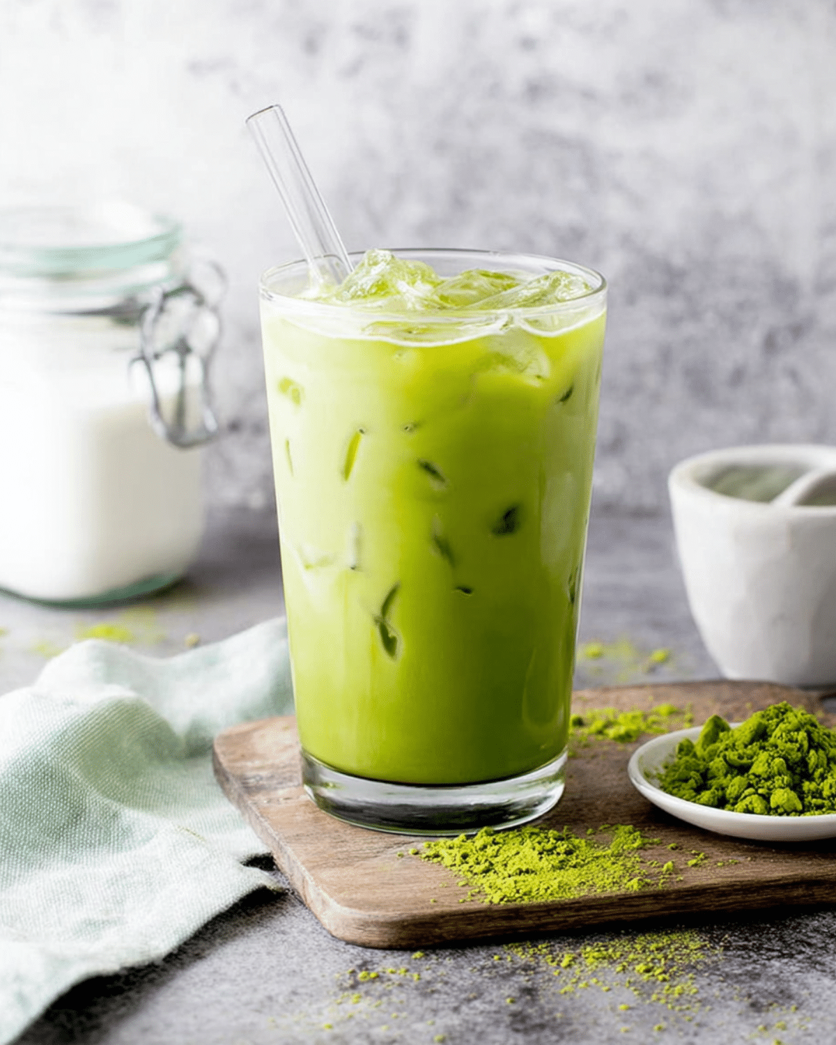 Glass of Copycat Starbucks Iced Matcha Latte with ice cubes and a clear straw, placed on a wooden board next to matcha powder and milk.