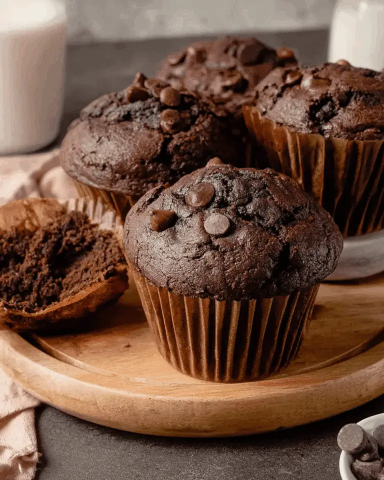 Costco chocolate muffins topped with chocolate chips, displayed on a wooden tray with a glass of milk.
