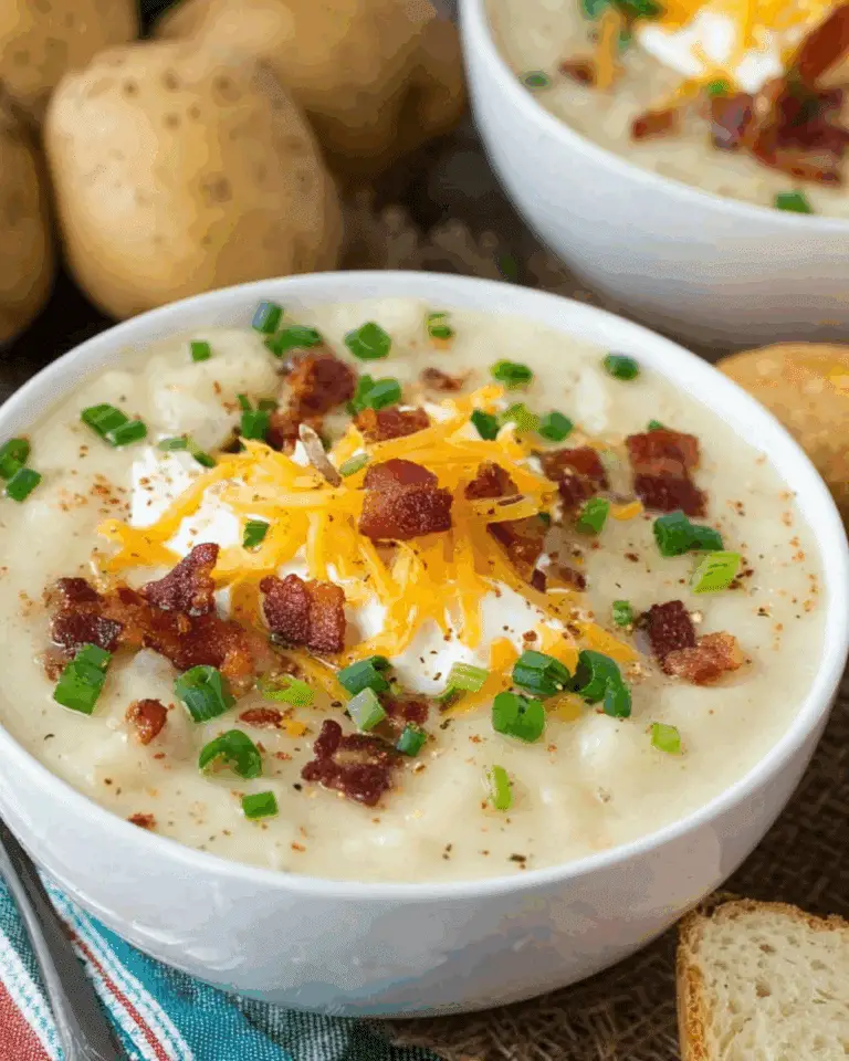 Cozy Fall Potato Soup topped with shredded cheddar cheese, crispy bacon, sour cream, and chopped green onions in a white bowl.