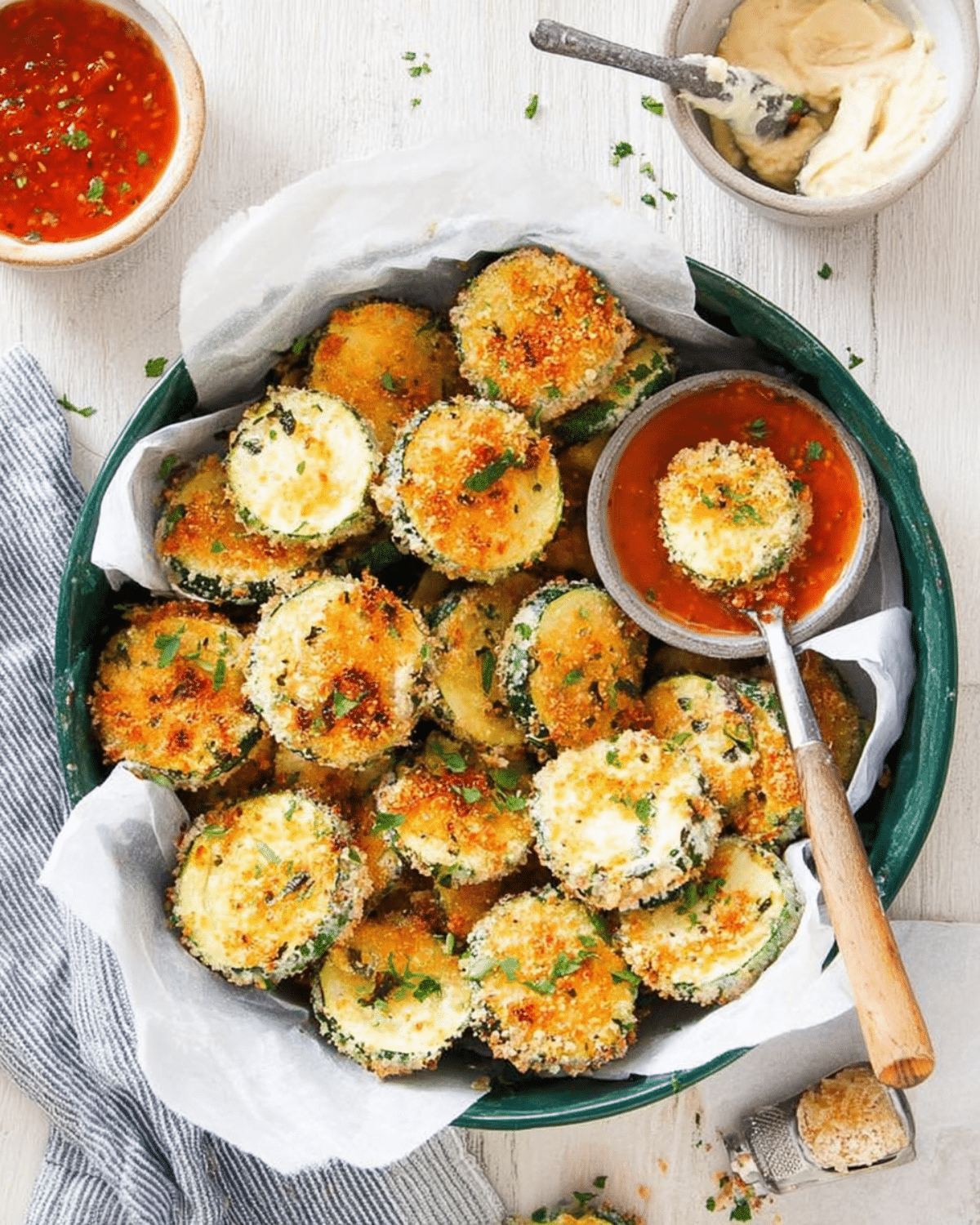 Crispy baked zucchini slices in a bowl with dipping sauces on the side.