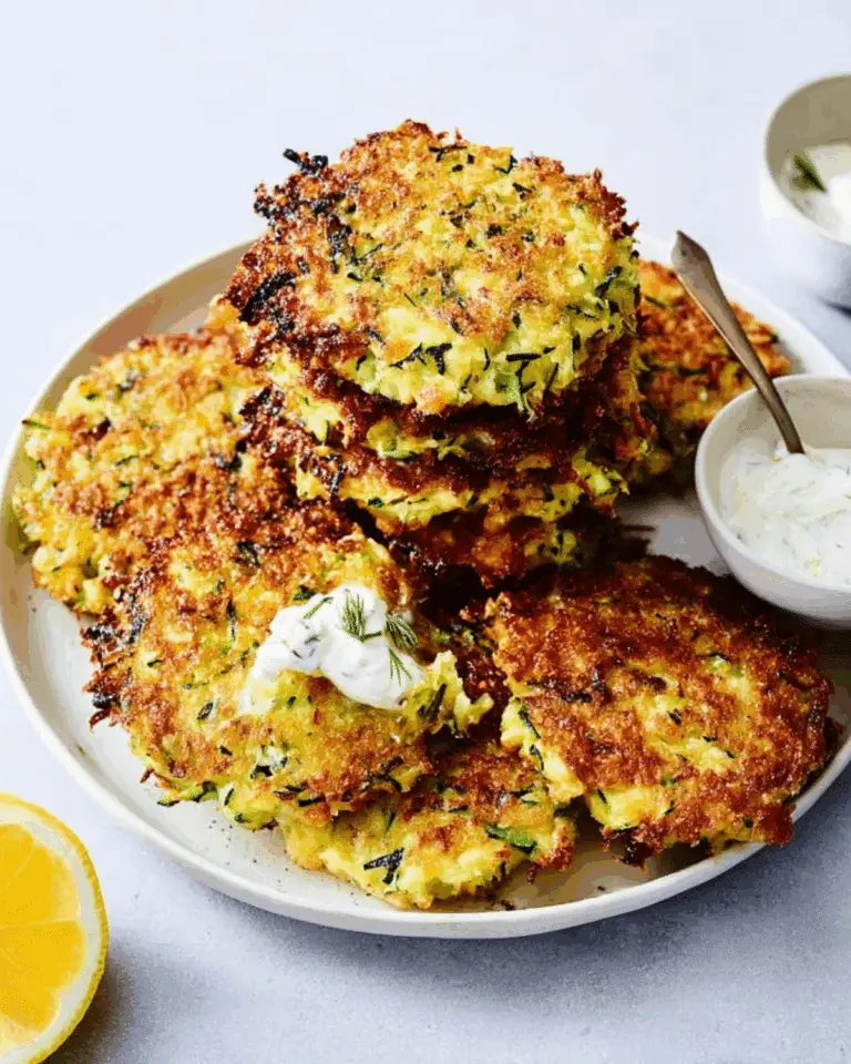 Crispy zucchini fritters stacked on a plate, served with a dollop of creamy herb sauce and a lemon wedge on the side.