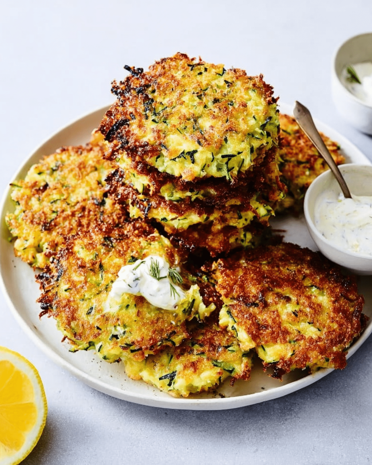 Crispy zucchini fritters stacked on a plate, served with a dollop of creamy herb sauce and a lemon wedge on the side.