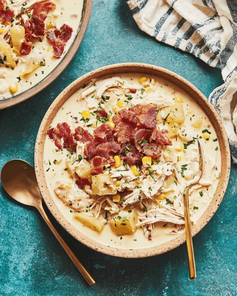 A bowl of creamy crockpot chicken corn chowder topped with crispy bacon, shredded chicken, potatoes, and sweet corn.