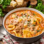 A hearty bowl of Crockpot Lasagna Soup topped with melted cheese and fresh parsley, with visible pasta, ground meat, and tomatoes.