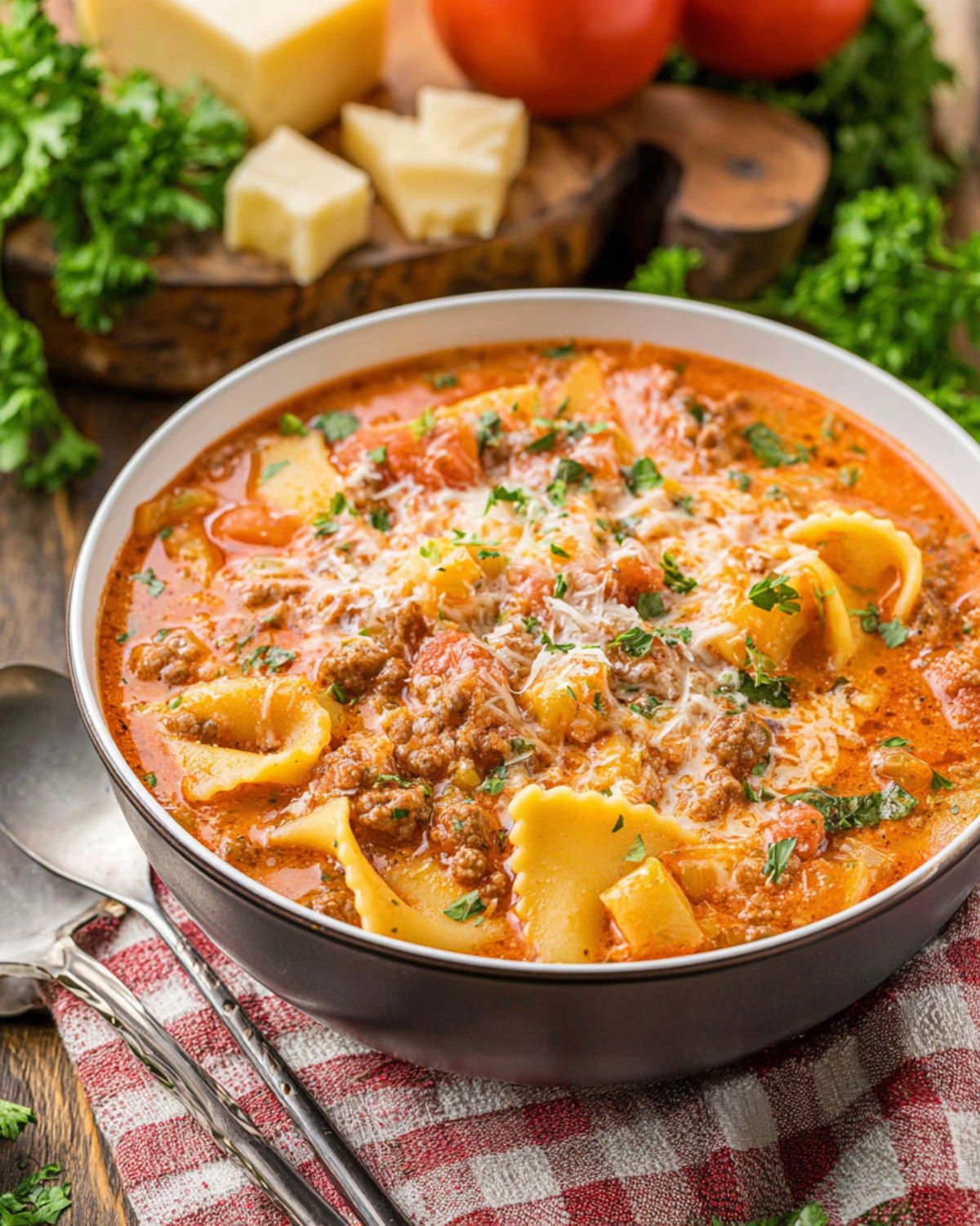 A hearty bowl of Crockpot Lasagna Soup topped with melted cheese and fresh parsley, with visible pasta, ground meat, and tomatoes.