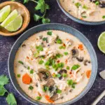 Bowl of crockpot Thai coconut chicken soup filled with shredded chicken, mushrooms, carrots, and green onions in a creamy coconut broth.