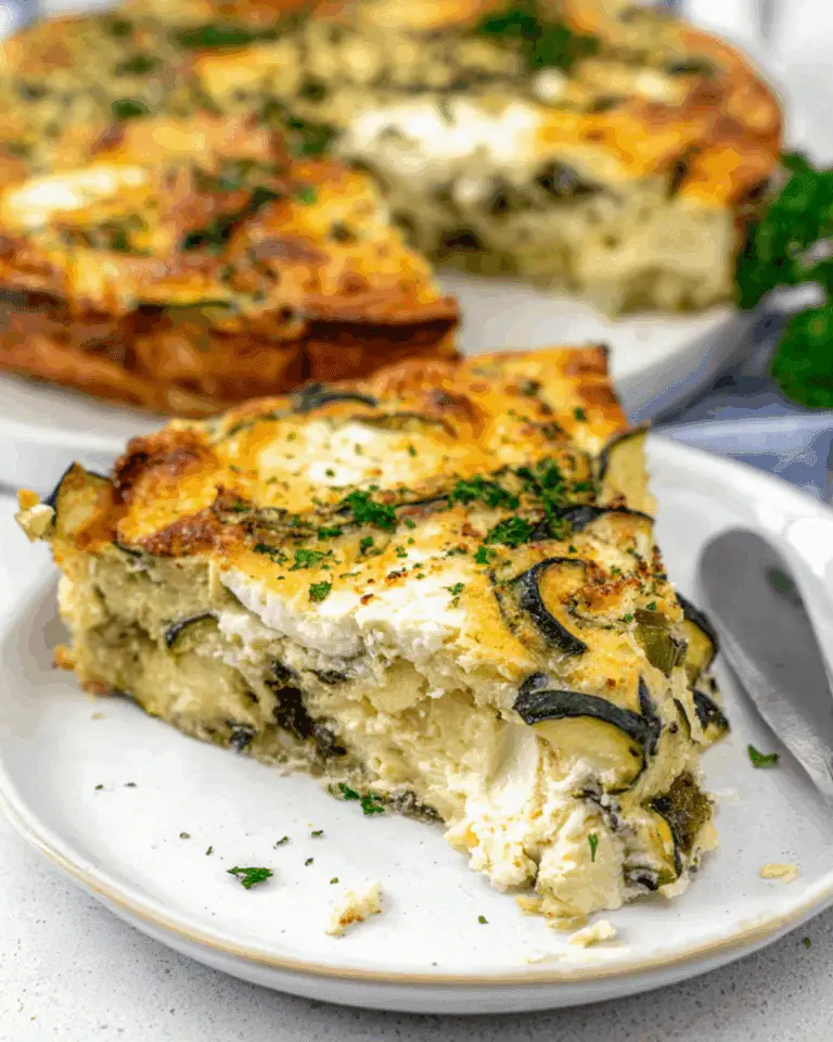 A slice of crustless zucchini quiche on a white plate, showing creamy layers of egg, cheese, and zucchini, garnished with chopped parsley.
