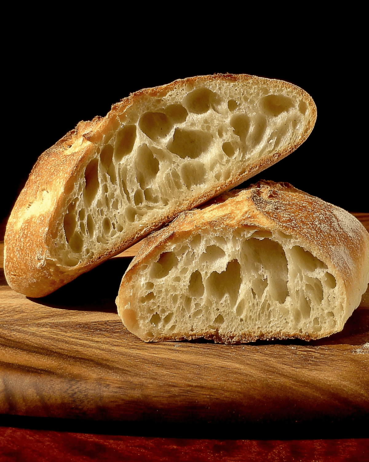 Crusty batard bread sliced open to reveal a soft, airy interior with a golden, crisp crust.