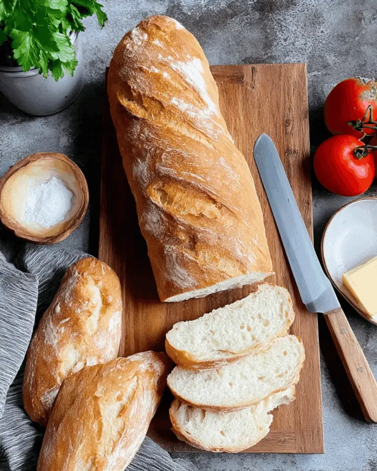 Sliced loaf of Crusty Italian Bread on a wooden board with tomatoes, butter, and salt.