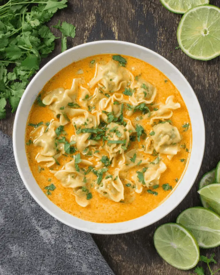 Bowl of curry Thai dumpling soup with plump dumplings in a creamy, orange curry broth, garnished with chopped cilantro and lime slices on the side.