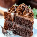 Slice of Double Chocolate Zucchini Cake with rich frosting, chocolate chunks, and a glossy chocolate drizzle on top.