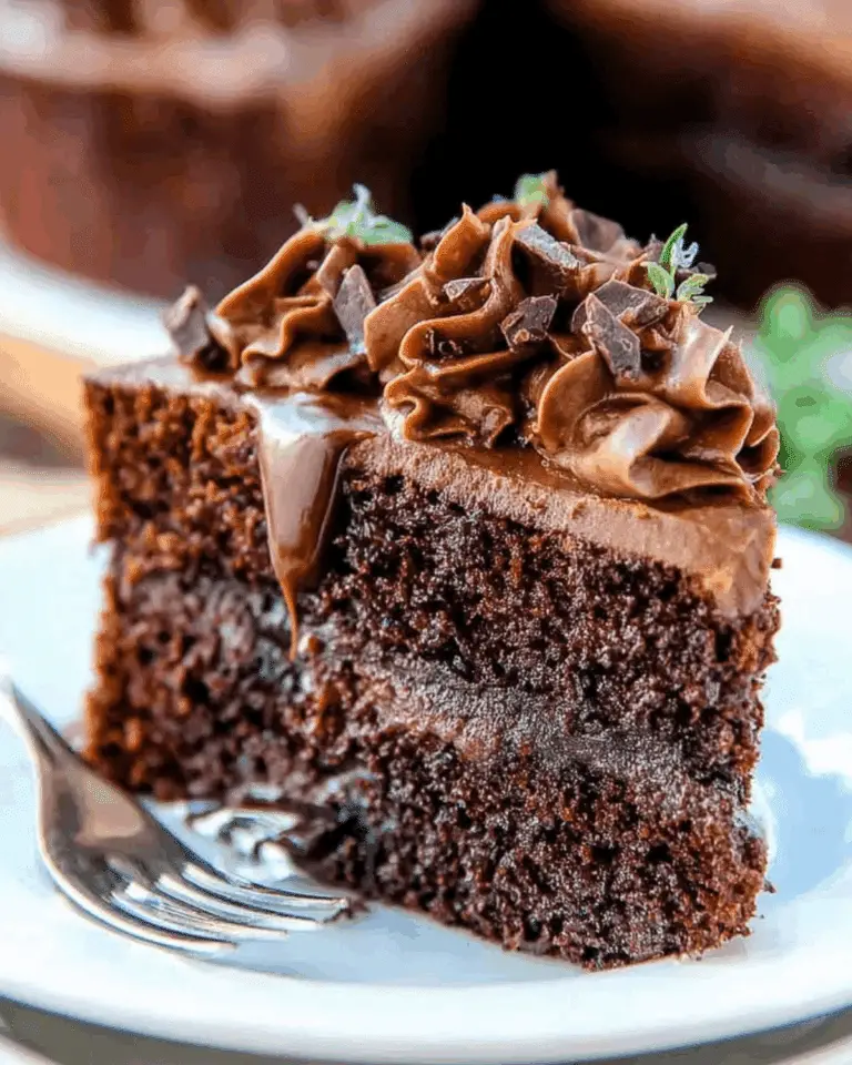 Slice of Double Chocolate Zucchini Cake with rich frosting, chocolate chunks, and a glossy chocolate drizzle on top.