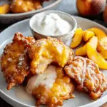 Plate of easy fresh peach fritters with vanilla glaze, served with sliced peaches and a bowl of whipped cream.