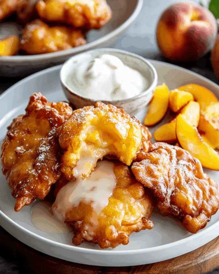 Plate of easy fresh peach fritters with vanilla glaze, served with sliced peaches and a bowl of whipped cream.