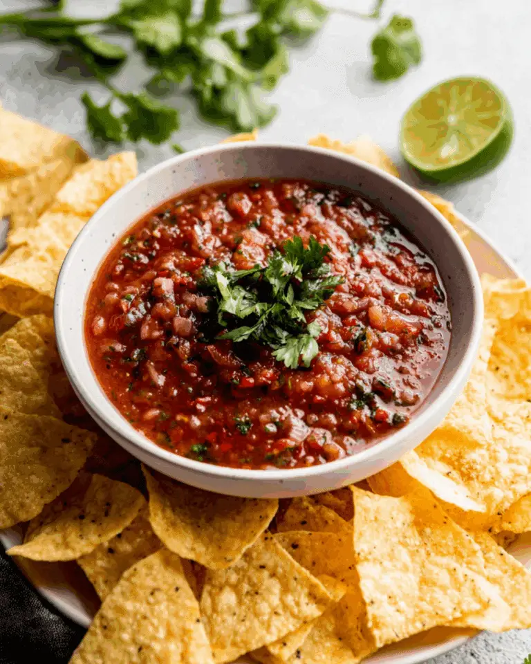 Bowl of fire roasted salsa topped with fresh cilantro, surrounded by crispy tortilla chips.