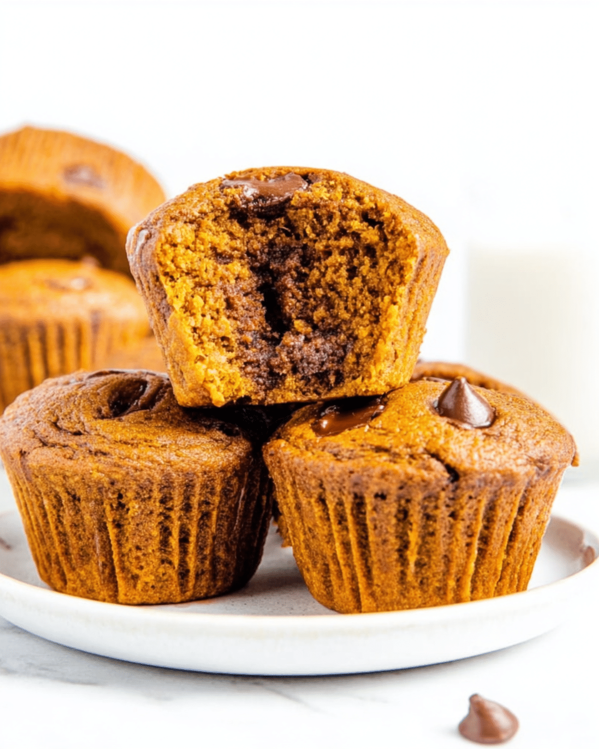 Flourless pumpkin muffin with a gooey chocolate center stacked on a white plate.