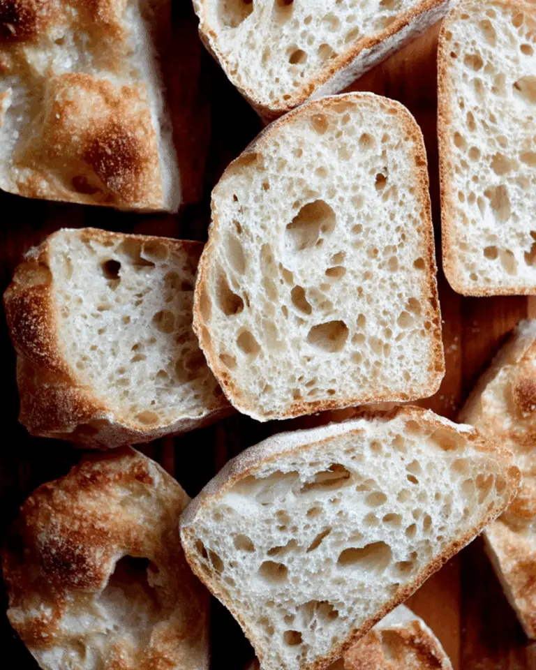 Slices of fluffy ciabatta bread with a golden crust and airy, open crumb texture.