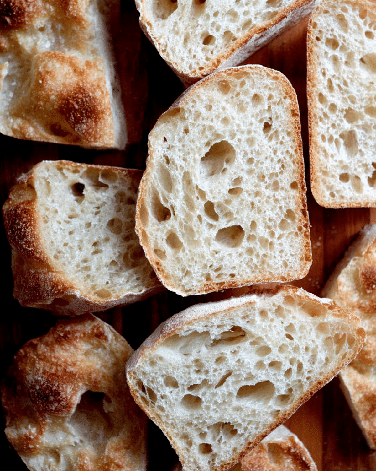 Slices of fluffy ciabatta bread with a golden crust and airy, open crumb texture.