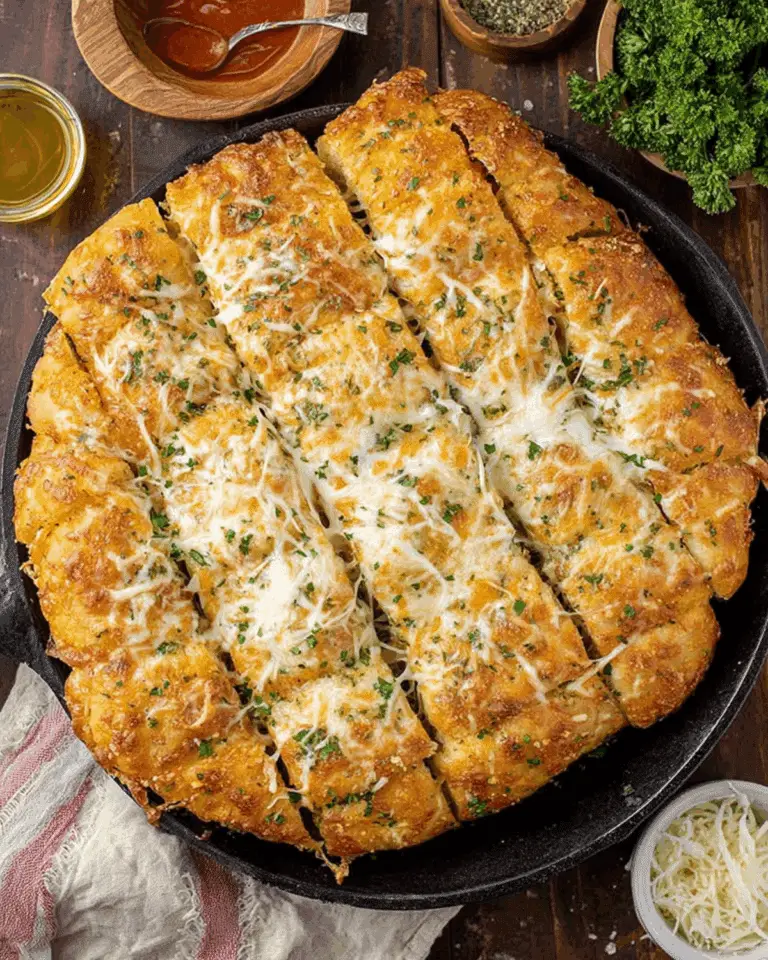 Skillet of golden Focaccia Cheesy Garlic Bread topped with melted cheese and herbs.
