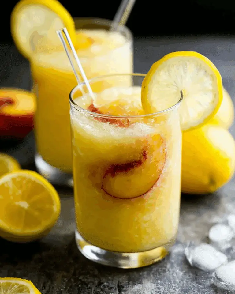 Frozen Peach Lemonade Slushie in a clear glass, garnished with a lemon slice and fresh peach inside.