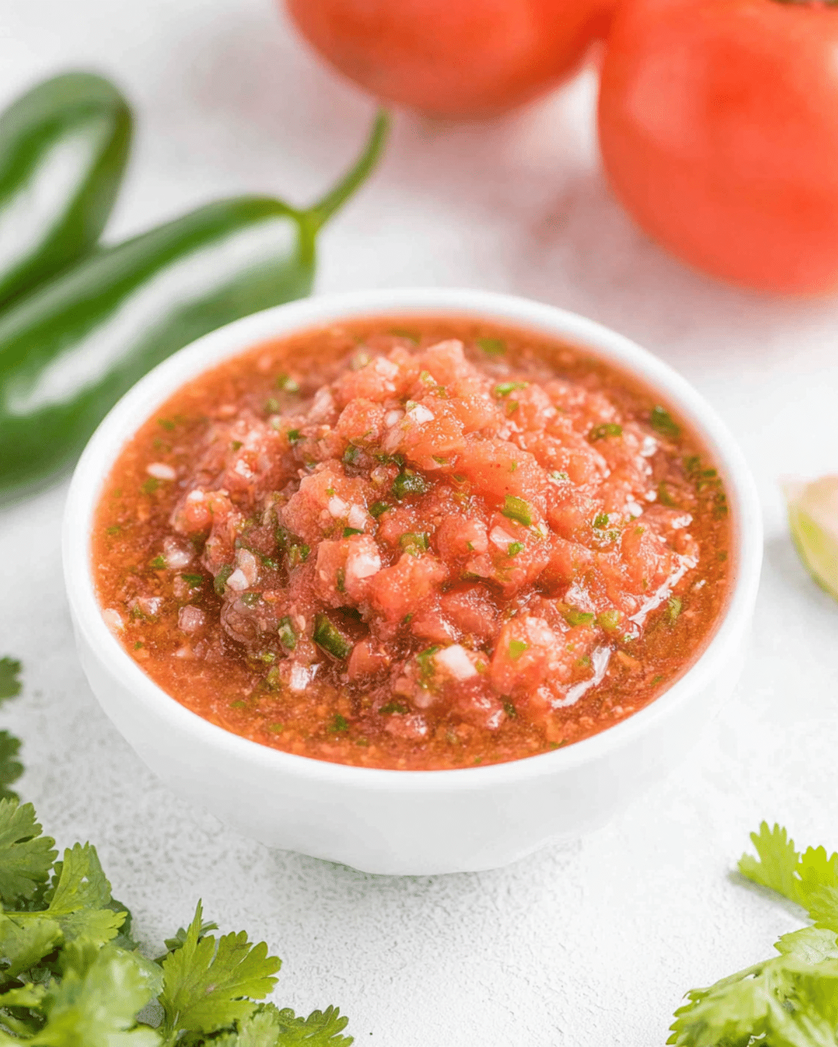 Bowl of fresh garden salsa with chopped tomatoes, jalapeños, onions, and cilantro, surrounded by whole tomatoes and green jalapeños.
