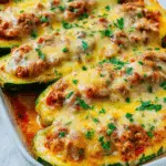 Baked ground beef zucchini boats topped with melted cheese and garnished with fresh parsley in a white casserole dish.