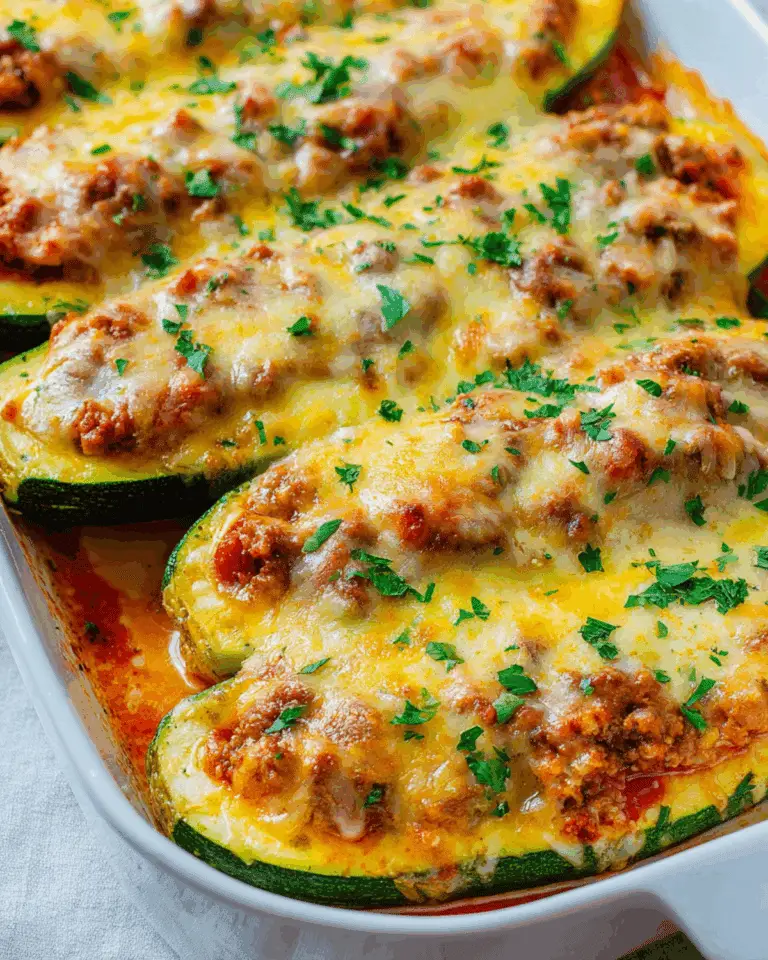 Baked ground beef zucchini boats topped with melted cheese and garnished with fresh parsley in a white casserole dish.