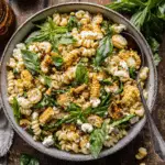 Healthy Street Corn Pasta Salad with roasted corn, fresh basil, creamy cheese, and chili seasoning in a rustic bowl.