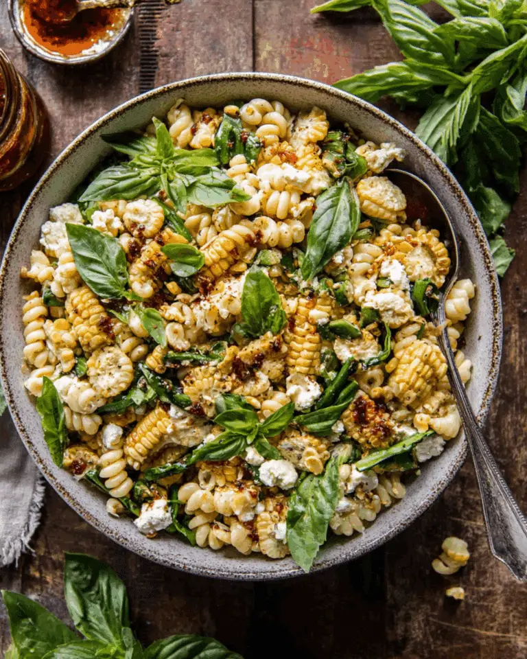 Healthy Street Corn Pasta Salad with roasted corn, fresh basil, creamy cheese, and chili seasoning in a rustic bowl.