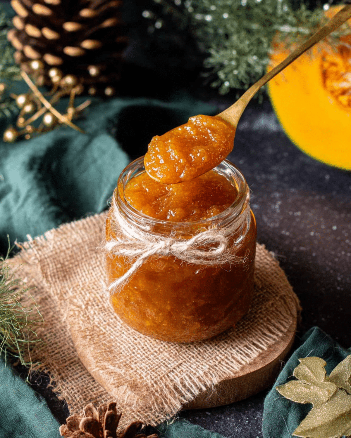 A jar of homemade pumpkin jam with a spoonful lifted above, surrounded by rustic holiday decor.