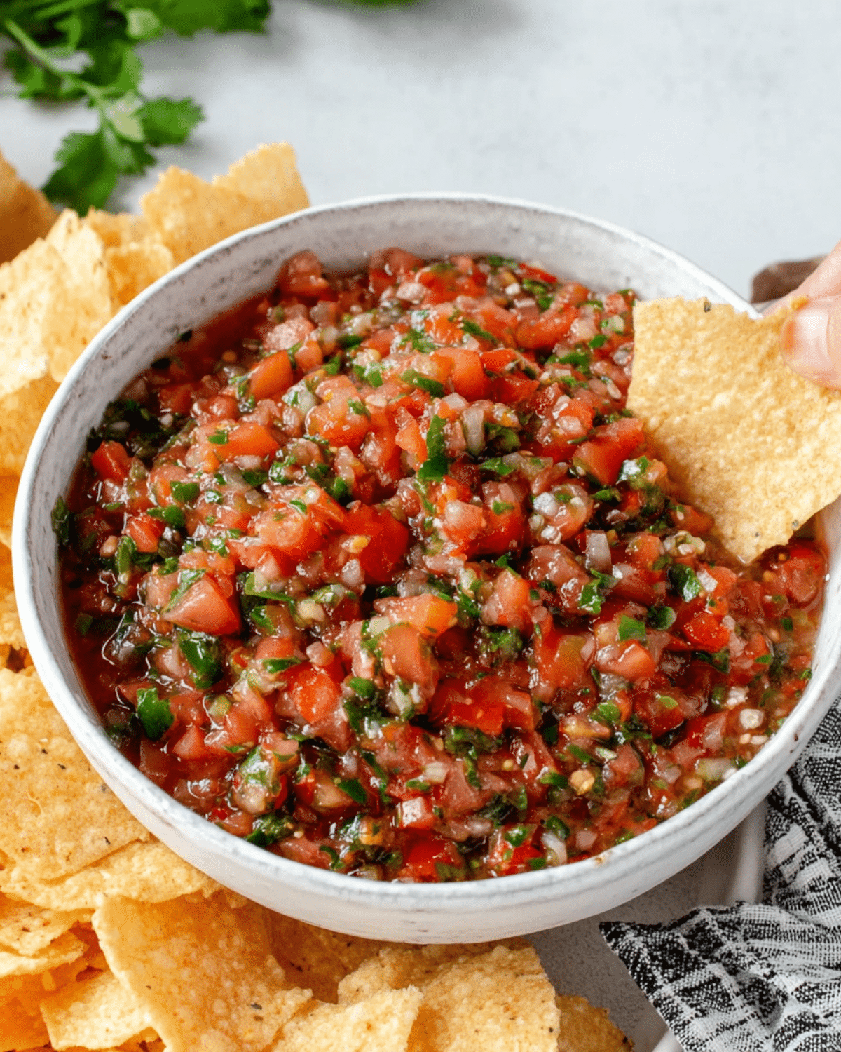 Bowl of homemade salsa recipe with fresh tomatoes, surrounded by tortilla chips, with a hand dipping a chip into the salsa.