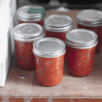 Several jars of homemade salsa for canning placed on a wooden shelf, sealed with silver metal lids.