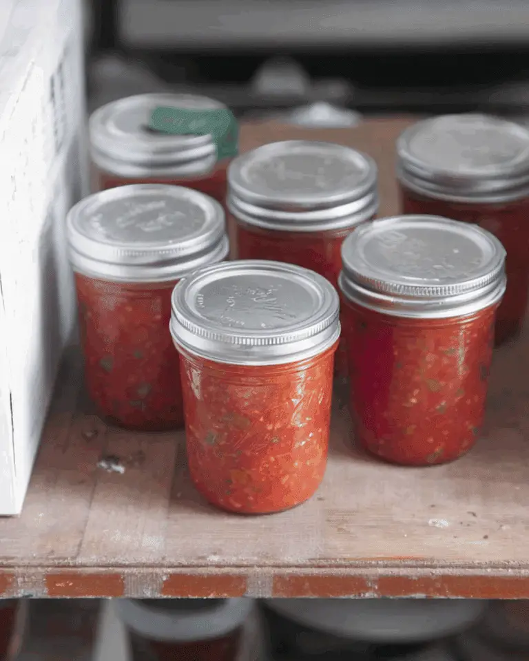 Several jars of homemade salsa for canning placed on a wooden shelf, sealed with silver metal lids.
