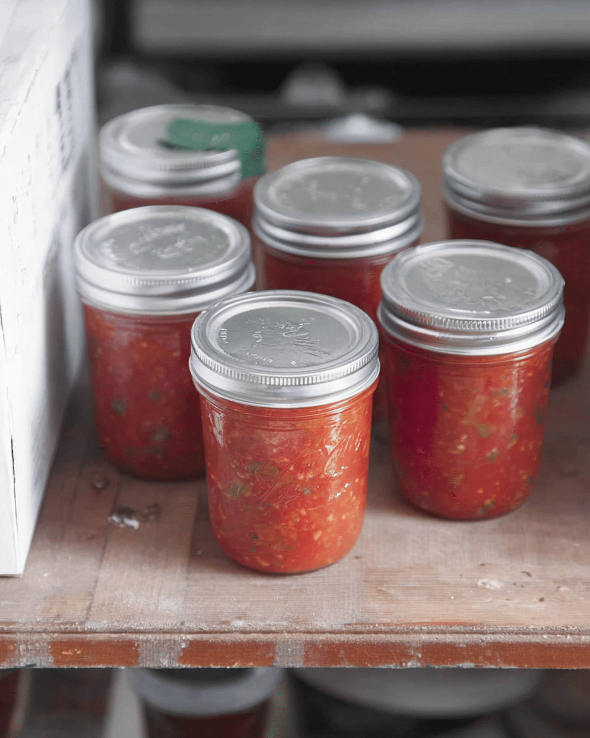 Several jars of homemade salsa for canning placed on a wooden shelf, sealed with silver metal lids.