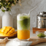 Iced Mango Matcha Latte in a clear glass with layered yellow mango and green matcha over ice.